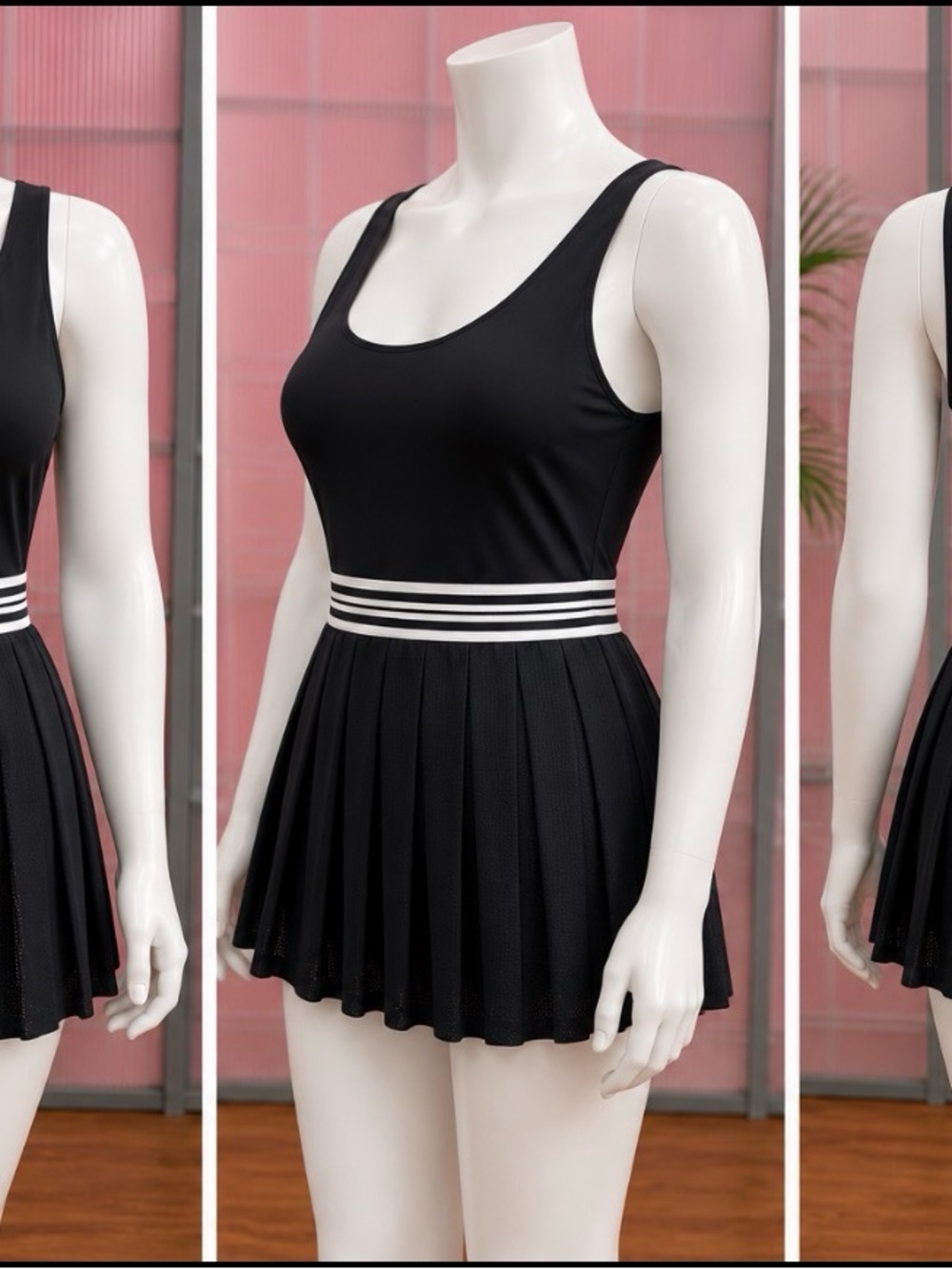 Avia Black Skater Mini Dress with White Striped Waist